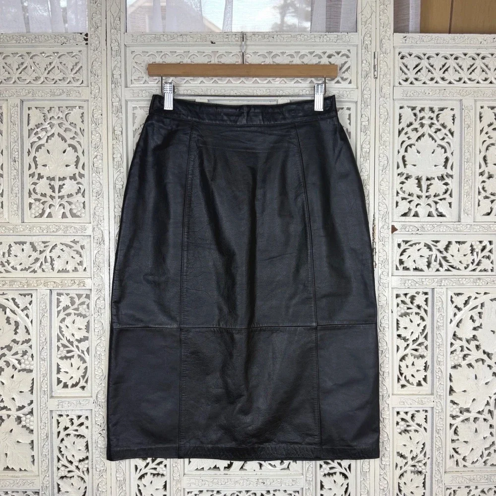 Vtg Leathers By Tibor Black Leather‎ Pencil Skirt Back Slit Straight Sz S/M